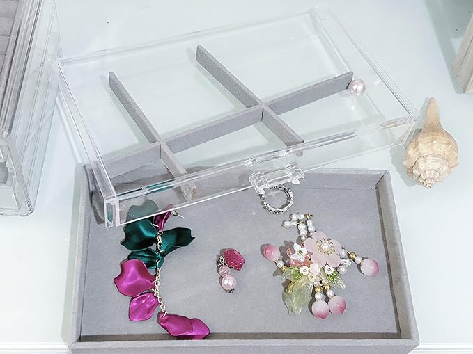 Clear Jewelry Organizer with 3 Drawers, Earring Organizer Jewelry Boxes for Women, Acrylic Earrings Display Holder for Storing Necklaces Earrings Rings, Grey