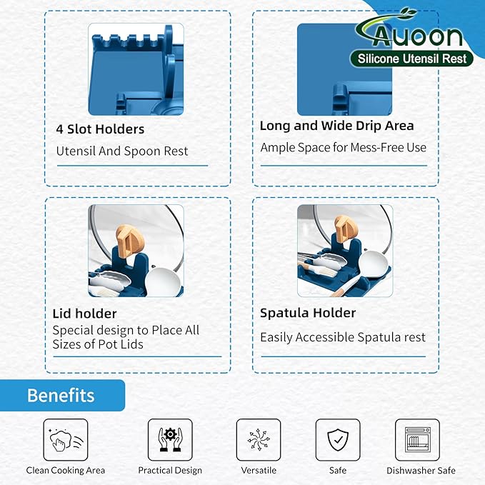 AUOON Spoon Rest for Stove Top - Silicone Utensil Rest with Drip Pad for Kitchen Counter | Practical Kitchen Gadgets for Cooking | Dishwasher Safe (Fog Blue, Large)