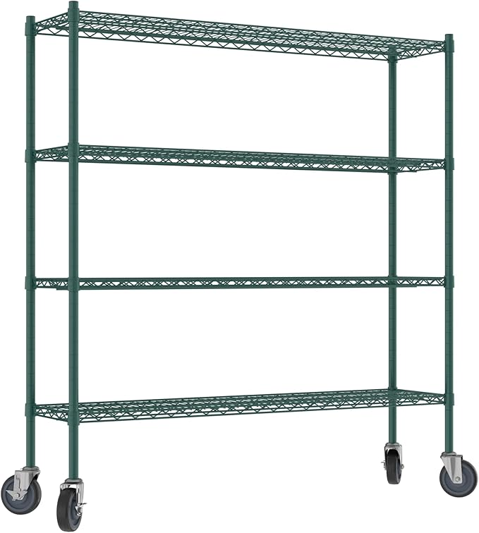 Commercial NSF Listed Green Epoxy Mobile Wire Shelving Kit 14" x 54" x 60", with 4 Shelves Perfect for Warehouse, Walk-in Refrigerator, Freezer, Grocery Store, Restaurant, Dishroom