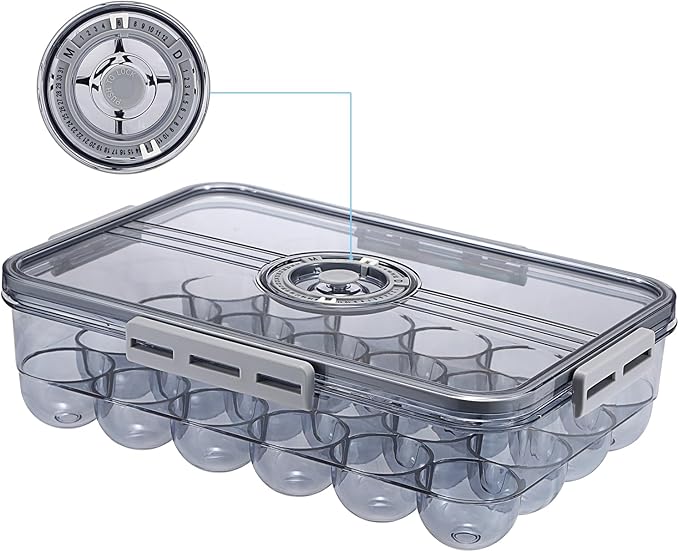 BSTKEY Egg Holder for Refrigerator, Egg Container with Time Scale, Egg Holder with Lid for Kitchen Storage, Stackable Tray for 24 Eggs
