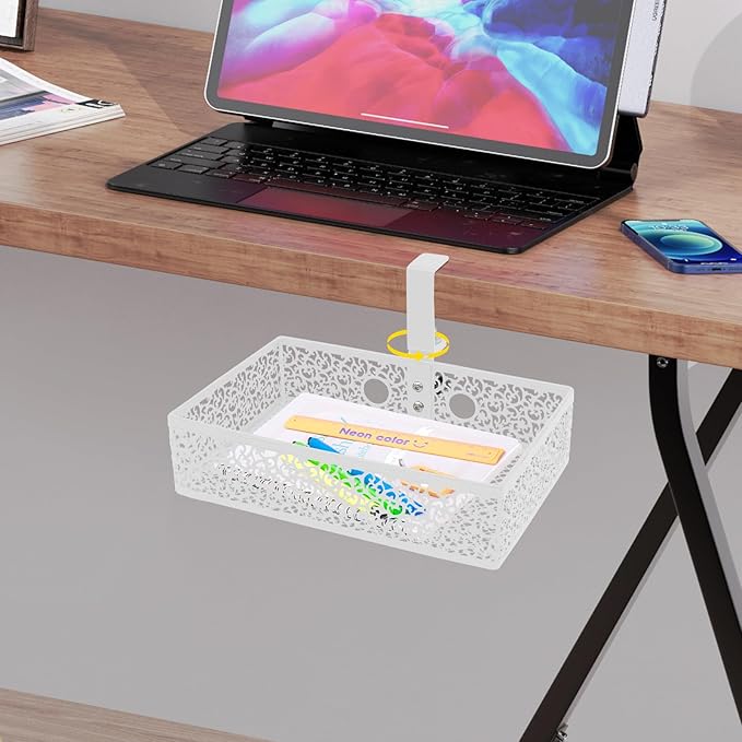 360° Rotatable Under Desk Storage Basket, Clamp-On Slide-Out Organizer for Office Desk, 12×8×4 in Metal Mesh Tray, Movable Pen File Headphone Holder, No-Drill Swivel Hanger, Under Table Shelf