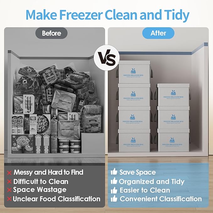 Housolution 2 Pack Freezer Organizer Bins, Collapsible Deep Chest Freezer Organizer Bins with Removable Dividers, Label Pockets, Waterproof Freezer Storage Bins with Portable Handle (14"x14"x9")