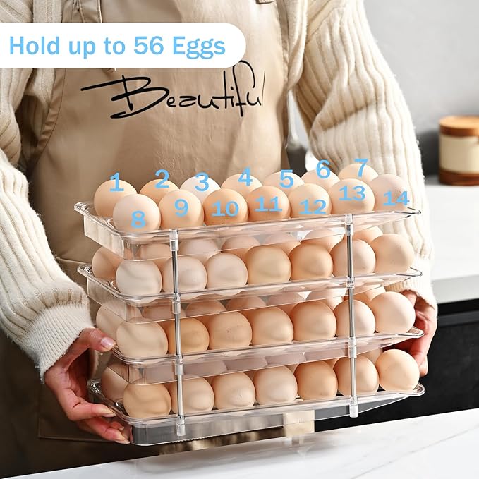 STORICANS Egg Holder,4 Tier Clear Organizer with Auto-Roll Design, Adjustable Height Egg Storage Container Holds Up to 56 Eggs for Refrigerator,Kitchen Cabinet
