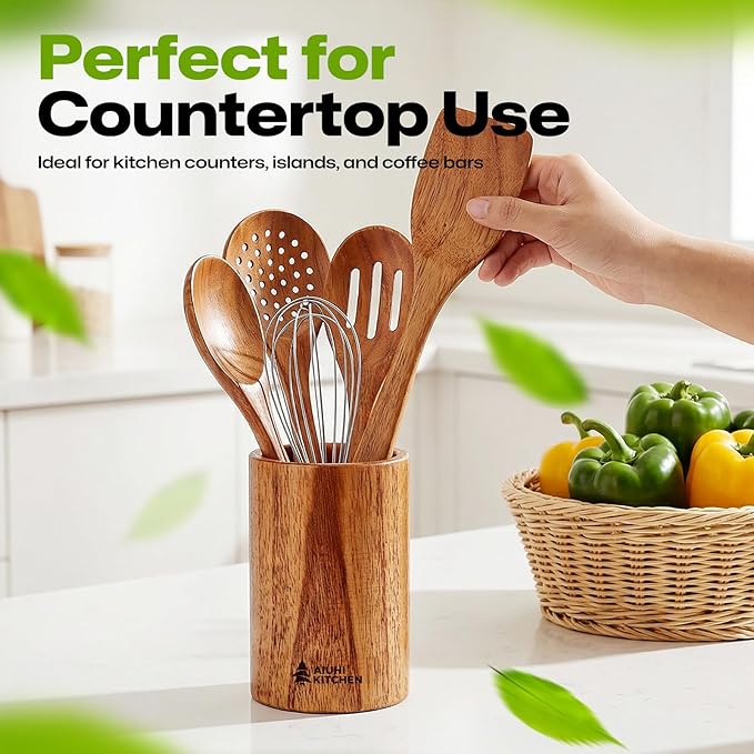 AIUHI Wood Utensil Holder for Kitchen Counter, Wooden Utensil Crock, Kitchen Utensil Organizer, 5.1"x 3.5" Large Spatula and Spoon Holders