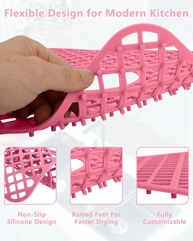 BEHOK 2 Pack Silicone Sink Protectors for Kitchen Sink, Lozenge Pattern 13 x 11 Inches Sink Mat, Non-Slip and Durable Sink Protector Silicone, Rear Drain, Pink