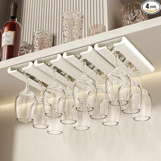4Pack Wine Glass Rack, Punch-free Under Cabinet Stemware Rack for Kitchen and Bar (White)