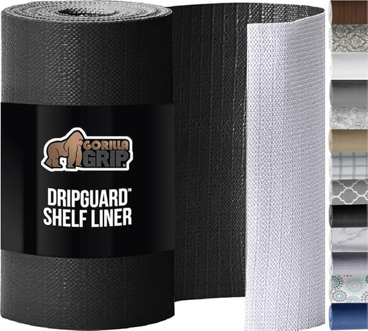 GORILLA GRIP DripGuard Shelf Liner, Non Adhesive Drawer and Kitchen Cabinet Protector, Slip Resistant BPA Free Smooth Surface Plastic Liners for Cabinets, Bathrooms, Closets, 17.5x120 Inch, Black