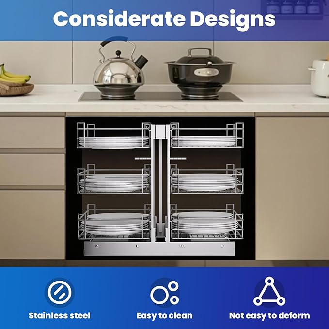 Modern Stainless Steel Blind Corner Cabinet Organizer, 3 Tier Soft Close Pull Out Storage System, 6 Basket Kitchen Drawer for 17" Min Opening