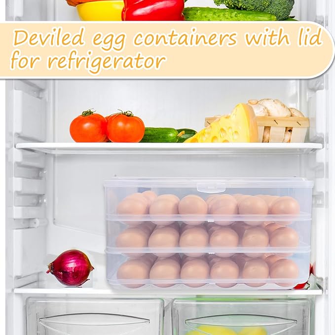 3 Layer Deviled Egg Trays Containers with Lid,Plastic Refrigerator Egg Carrier with Handle for 72 holes,Clear Storage Platter for Portable Devil Egg,Easter Thanksgiving
