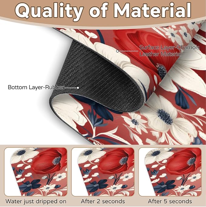 Red White Floral Bliss Kitchen Faucet Mat Splash Guard, 15.4”x5.7” Absorbent Quick Drying Sink Mat for Countertop Protection, Draining Mat Sink Protectors For Kitchen Bathroom, 1 Pack