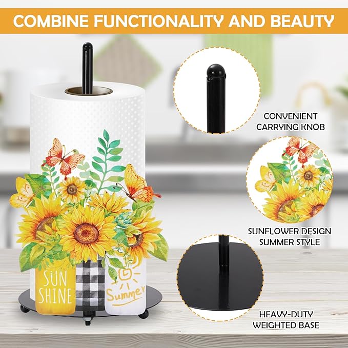 JarThenaAMCS Sunflower Paper Towel Holder Black Metal Kitchen Decor Accessories Vintage Spring Summer Sunshine Country Stuff Home Decoration for Countertop Housewarming Gift Supplies