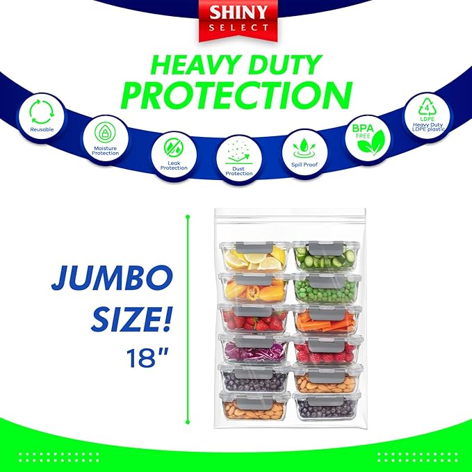 [12 COUNT] Double Zipper Jumbo Bags, 16x18, 2 Mil Thick, 2 MILL -3-Gallon - Heavy Duty Durable Storage Bags for Baby Items, School Supplies, Pants, Bedsheets, Pillowcases, Snacks, Meat Marinate