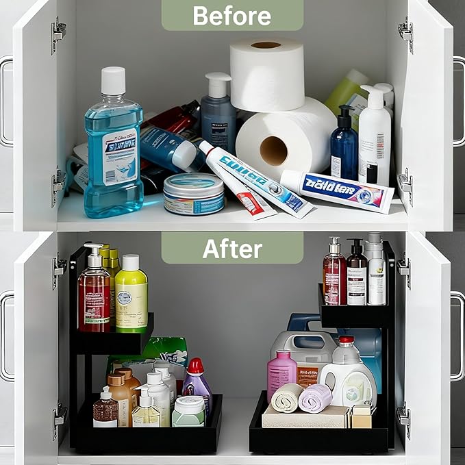 Bamboo Undersink Organizer Storage - 2-Tier Cabinet Shelf with Adjustable Levels, Under Sink Storage Slide Out for Cabinet Pantry Kitchen Bathroom
