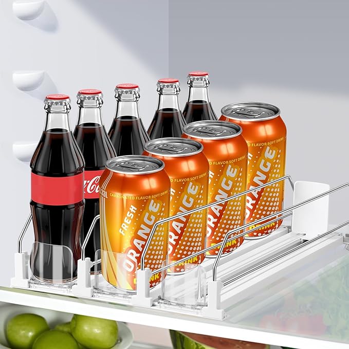 Drink Organizer for Fridge, Adjustable Width Soda Can Dispenser for Refrigerator Organizers and Storage, 3 Rows Beer Bottle Beverage Holder with Pusher Glide (14.96" D, White)