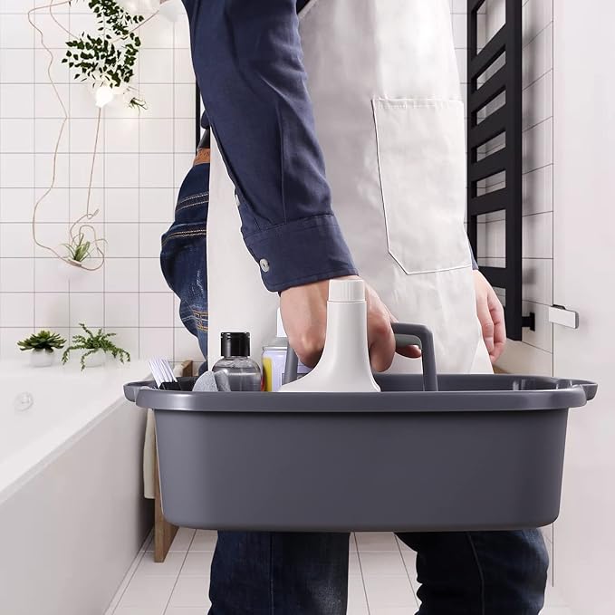 Omirome 2-Pack Large Gray Cleaning Caddy for Cleaning Supplies with Handle - Portable Plastic Tote Organizer for Shower, Bathroom, Kitchen, Under Sink Storage