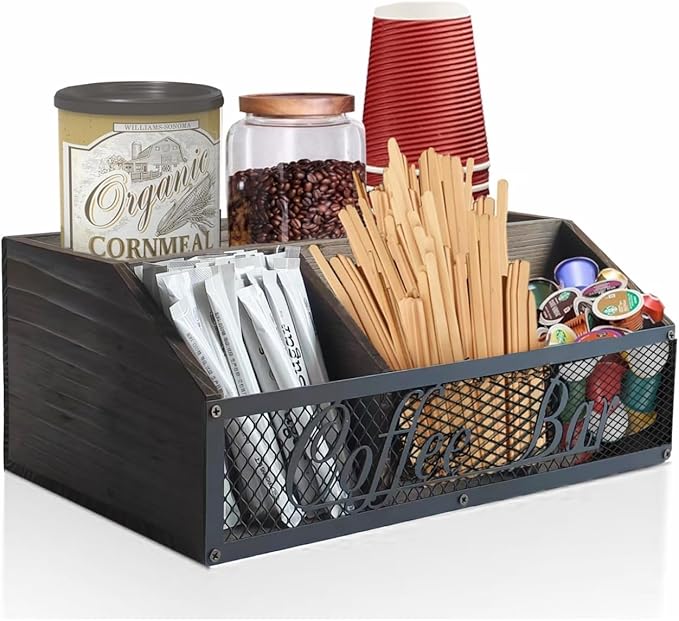 Coffee Station Organizer for Countertop, Wood Coffee Bar Organizer, Coffee Pods Holder Storage Box, Rustic Bar Accessories for Decor, Syrup and Tea Condiment (Brown)