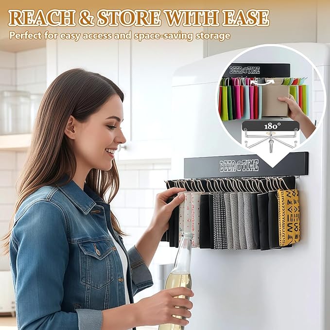 Magnetic Can Cooler Holder Storage Wall Mount, Cooler Organizer Rack with 20 Rotatable Metal Hooks, Adhesive Drink Cooler Dispenser, Wooden Beer Sleeve Accessories for Fridge & Wall, Rust-Resistant