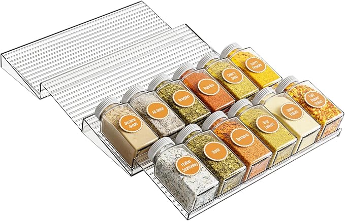 4Pcs Spice Organizer, Clear Plastic Spice Drawer Organizer Large Capacity Slanted Adjustable Seasoning Jars Storage Tray Insert for Kitchen Drawer