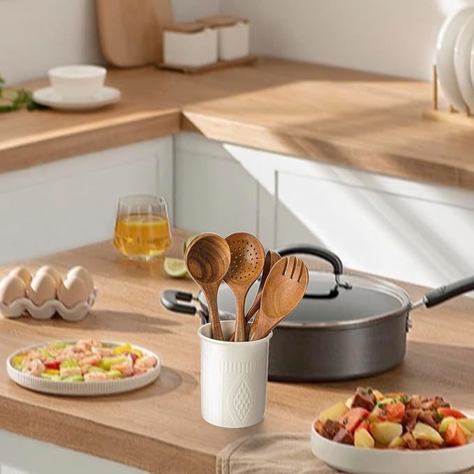 5.2" Cooking Utensil holder，Ceramic Kitchen Utensil Holder，White Utensil Crocks for Spatula Spoon Stick Straw Teaspoon (white, 1)