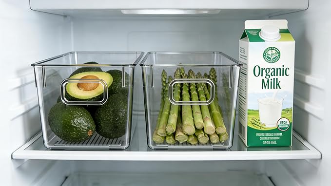 4 PCS Clear Plastic Storage Bins, Mixed Size (2 Large + 2 M) Pantry Organizer Containers with Easy-Grip Handles for Refrigerator, Kitchen, Cabinets, Countertops & Home Organization
