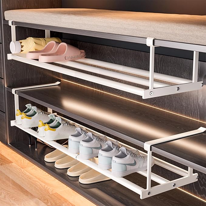 UFORU Expandable Hanging Shoe Rack Organizer for Closet, Adjustable Shoe Rack Under Cabinet Shelf, Versatile Under Shelf Storage for Kitchen, Book, Clothing Storage and Organization(White,2PCS)