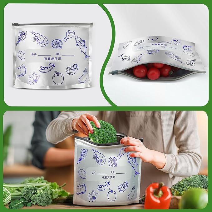 Reusable Aluminum Foil Food Storage Bags, Foil Storage Bags for Food, Reusable Food Storage Bags for Freezer & Refrigerator, Reduce Waste, Keep Food Fresh, Writable Label (50-Pack, 6.7Wx8.8H)