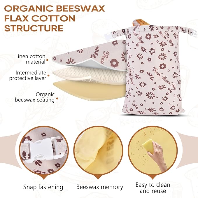 Beeswax Bread Bags for Sourdough 17in*12in Sealed Bag with Snap Closure Reusable Cotton Beeswax Bag for Homemade Bread Freezer-Friendly Freshness Preservation Food Storage 2 Pack（Brown Flowers）