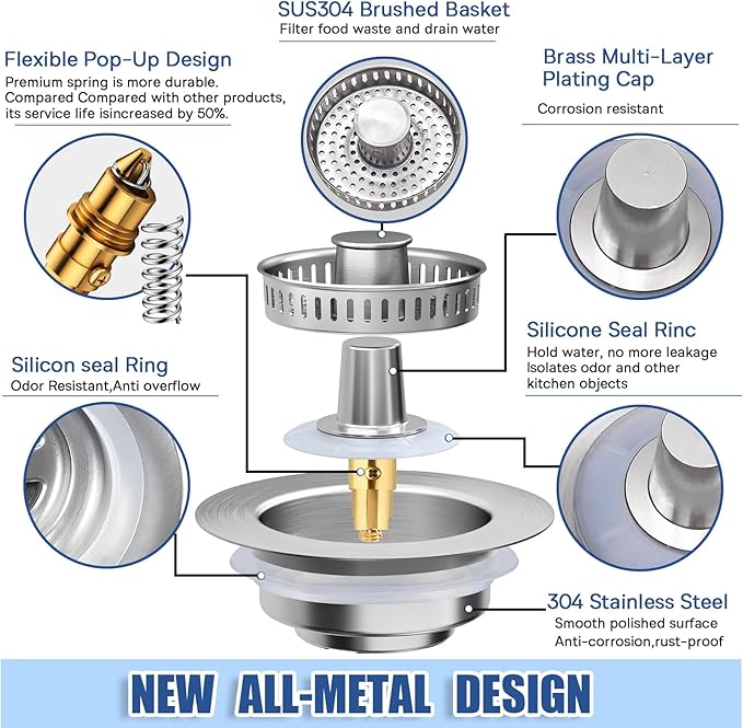 Upgraded 3in1 Kitchen Sink Drainage Filter,Stainless Steel Pop Up Sink Stopper, with Anti-Clogging Basket，Anti-Clogging Sink Drain Strainer for US Standard Kitchen Drain