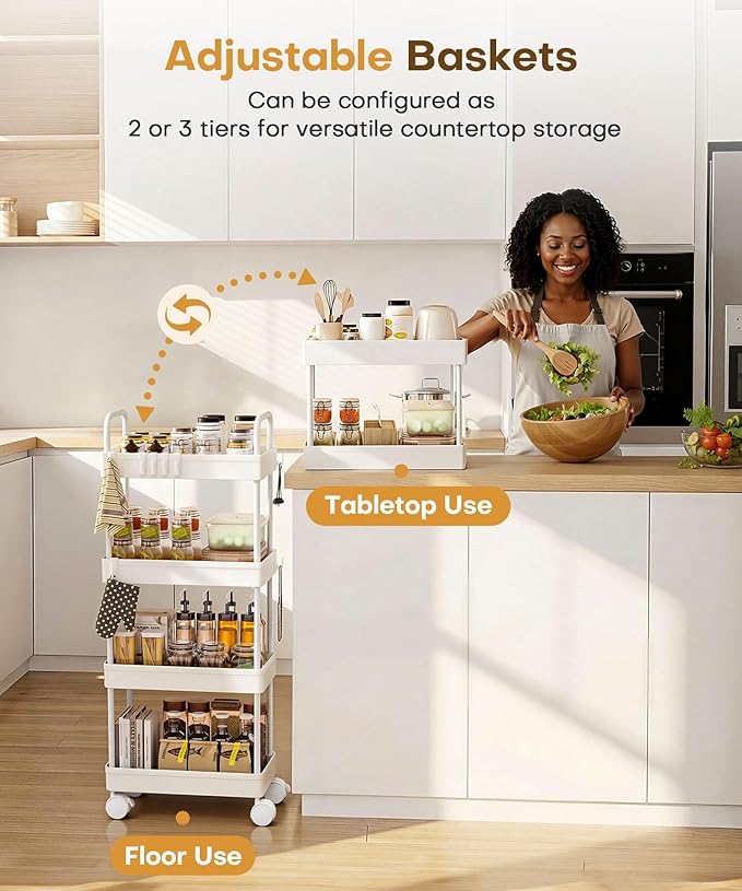 Homde Slim Rolling Cart for Kitchen: 4-Tier Space-Saving Narrow Floor Organizer - 37.4in Tall Vertical Storage for Bottles & Jars - Locking Wheels 8 Hooks for Hang & Grab