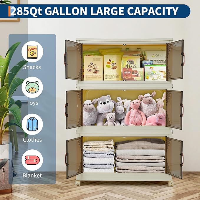 GarveeHome 285QT Stackable Storage Bins, Folding Storage Box with Magnetic Doors & Wheels, Loset Organizers and Storage with Lids, Collapsible Plastic Drawers for Bedroom Kitchen Office, White