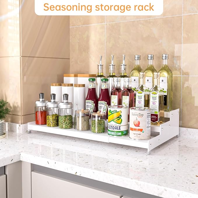 Expandable Carbon Steel Spice Rack Organizer for Pantry, Adjustable 3-Tier Ladder Shelf,Holds Up to 24 Cans,Kitchen Countertop Organizer, Rustproof Storage Rack for Spices, Cans, Sauces & Dry Goods
