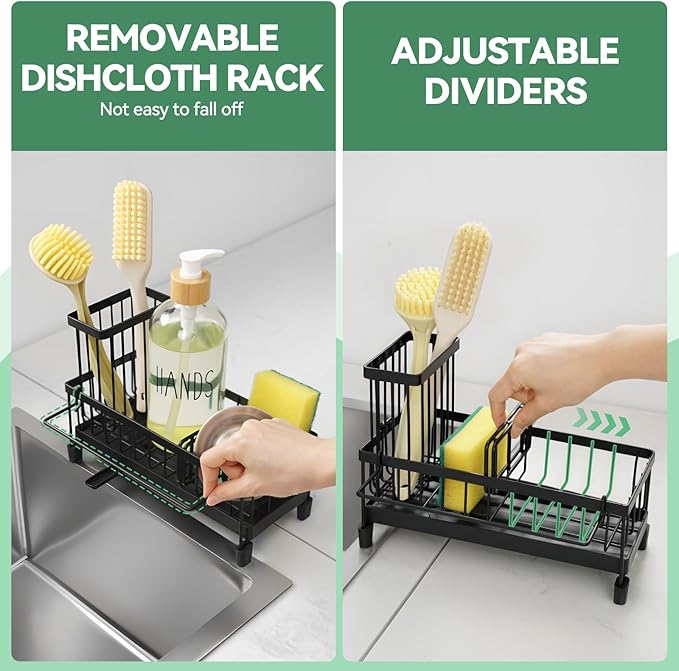 Sponge Holder for Kitchen Sink with Tall Brush Holder and Dishcloth Rack, Rustproof Stainless Steel Sink Caddy, Kitchen Countertop Organizers and Soap Dispenser.