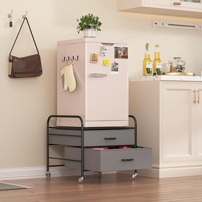 Mini Fridge Stand, Fridge Stand with Storage, 2 Drawer Fridge Cart, Organizer Unit for Mini Fridge, Fridge Stand with Metal Frame and Fabric Drawers, Mini Fridge Table with 4 Swivel Wheels