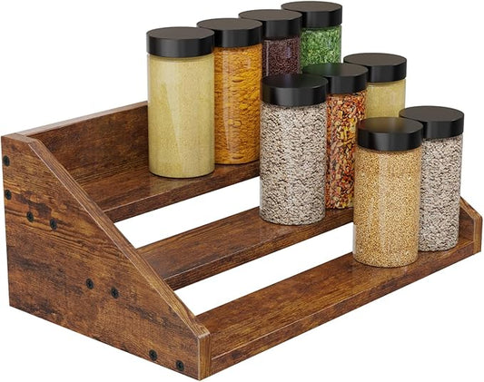 3 Tier Wood Spice Rack Organizer for Cabinet, Super Sturdy Display Riser Shelf Seasoning Organizer for Countertop Pantry Cupboard, Retro Storage Holder for Kitchen Condiment Jar Spice Container