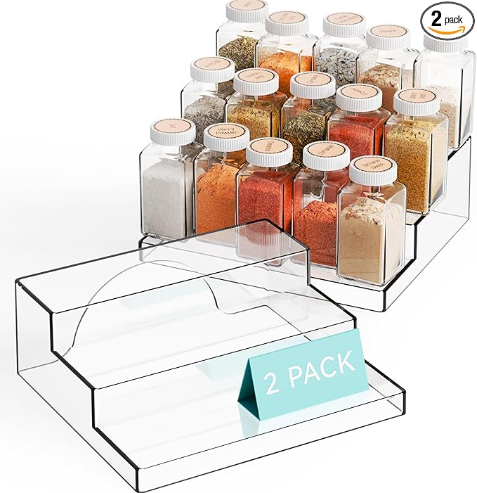 Yieach 2 Pack 3 Tier Clear Acrylic Spice Rack Organizer for Cabinet and Pantry Shelf - 10.3″L Small Tiered Spice Rack and Step Shelves for Vitamin,Medicine Bottle,Jar,Can,Seasoning,Condiment Organizer