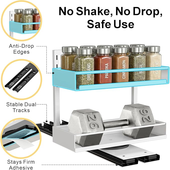 iSPECLE Spice Racks for Inside Cabinet - 1 Pack Rotate Pull Out Spice Rack Easy Access No More Digging, Height Adjustable for 16-20 Spice Jars, Peel and Stick for Over 9" Wide Small Kitchen Cabinet