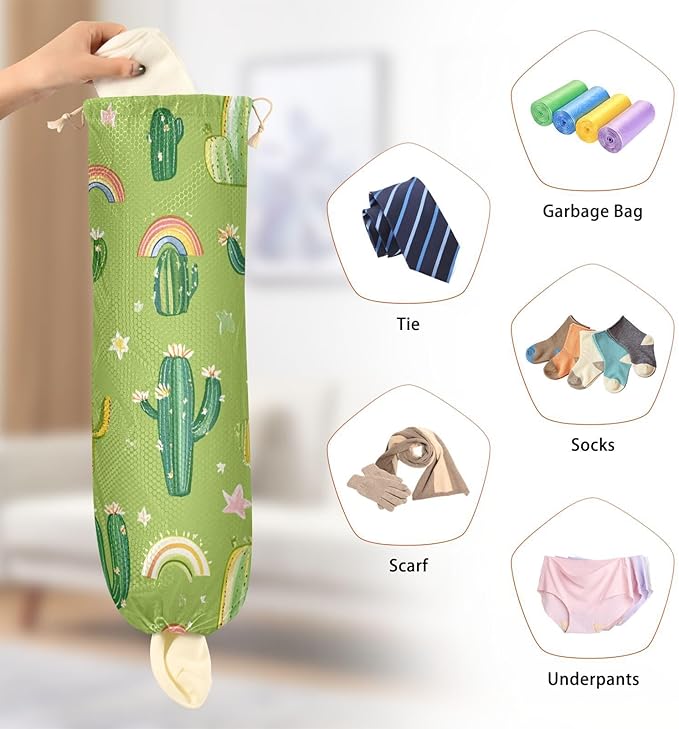 Plastic Bag Holder Wall Mount Grocery Bag Shopping Bag Storage Holder Organizer Dispenser with Adhesive Hook,for Kitchen Bathroom Home Decor 9x22 Inches Cacti and Rainbows Floral Green07