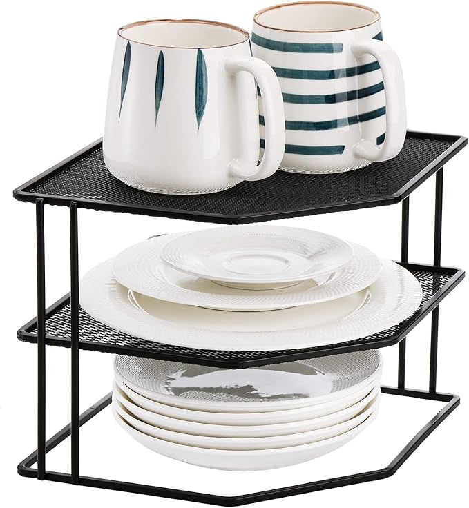 yarlung 3-Tier Cabinet Corner Shelf, 9x9x7.5 Inches Metal Wire Plate Rack Kitchen Counter Corner Organizer for Cups, Dishes, Cupboard, Pantry, Black Elegant Finish
