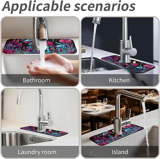 Kitchen Sink Splash Guard，Magical mushrooms plants Faucet Mat Sink Gadgets-Super Absorbent Fast Drying Mat Drip Catcher for Kitchen, Bathroom,Sink Mat, Dish Drying Mat, Bathroom(15" X 5.5" )
