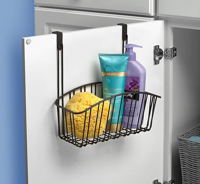 Spectrum Contempo Arched Over the Door Cabinet Organizer Storage Basket for Kitchen Bathroom Under Sink Storage, Fits Most Cabinet Doors Heavy Duty Steel Wire Hanging Basket Kitchen Organizer, Bronze