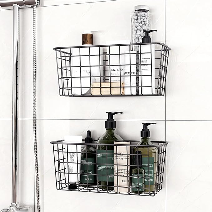 Deertaip Adhesive Basket Wall Wire Basket Over the Cabinet Door Organizer No Drilling Mounted 4 Pack, Black