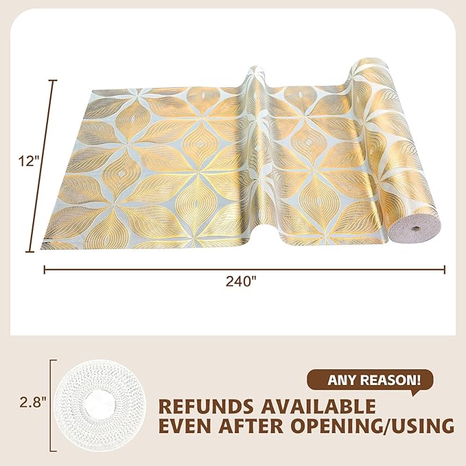 Drawer and Shelf Liner for Kitchen Cabinet,Non-Adhesive Waterproof Drawer Liner for Dresser & Bathroom Vanities with Adhesive Dots & Cutting Tool(12 in X 10 Ft Gold Leaf Pattern)