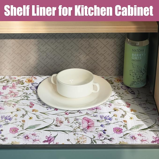 Vuacepe Drawer and Shelf Liner for Kitchen Cabinets,Non-Adhesive Drawer Liner,Non-Slip Floral Shelf Liners,Strong Grip Waterproof Easy to Clean Cabinet Liners for Drawers Cupboard Shelves 16IN×10FT