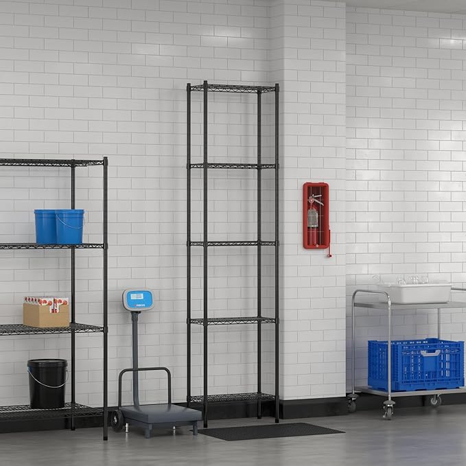 Commercial NSF Listed Black Epoxy Stationary Wire Shelving Kit 12" x 24" x 96", with 5 Shelves Perfect for Warehouse, Walk-in Refrigerator, Freezer, Grocery Store, Restaurant, Dishroom