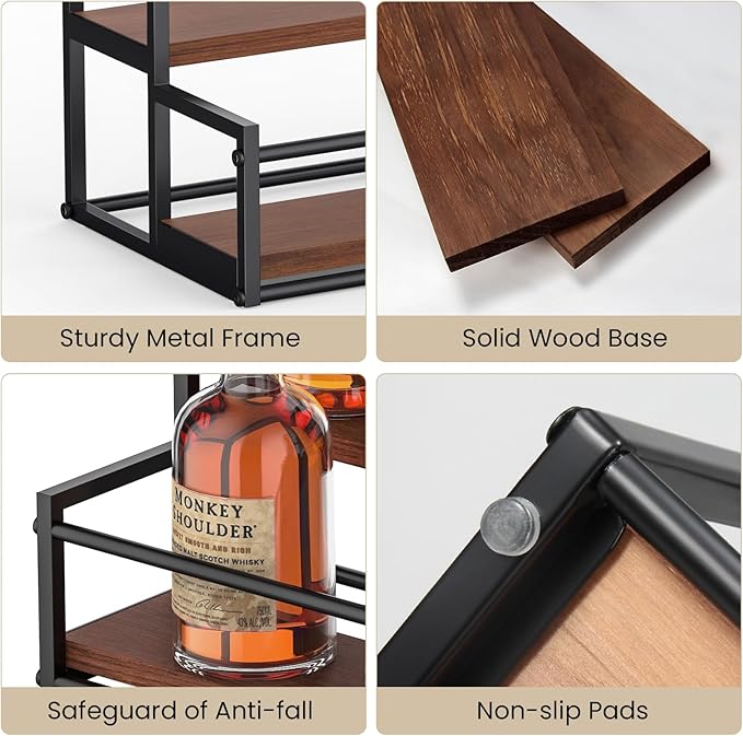 THYGIFTREE 2 Pack Liquor Bottle Display Shelf 2 Tier Rack Holder Bar Shelf Stand for Wine Whiskey Risers Organizer Kitchen Countertop