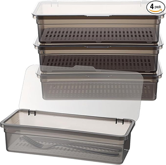 4Pcs Flatware Tray with Lid and Drainer, Large Plastic Silverware Utensil Drawer Organizer Grey Covered Silverware Tray Organizer with Lid for Kitchen Home