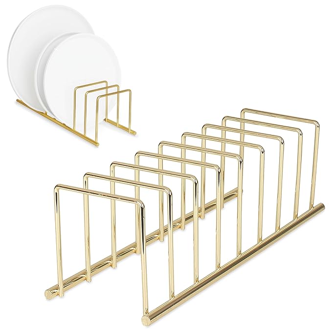Spectrum Euro Cutting Board Holder Stand for Countertop or Inside Kitchen Cabinet Organization Gold, 8 Slot Cutting Board Drying Rack or Cabinet Plate Bakeware Storage Organizer (Pack of 6)