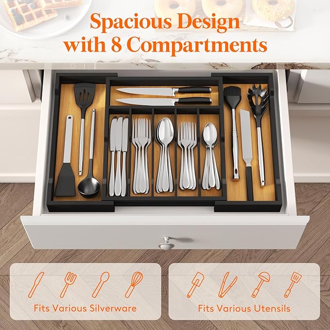 Lifewit Silverware Drawer Organizer, Expandable Utensil Tray for Kitchen, Bamboo Flatware and Cutlery Holder, Wood Adjustable Storage for Spoons Forks Knives, 13-22x15"/ 33 -56x38cm, Natural and Black