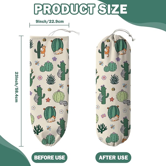 Plastic Bag Holder, Grocery Bag Organizer Storage, Kitchen Dispenser Holders Reusable Shopping with Adjustment Drawstring Closure for Kitchen Farmhouse Decor, Cactus