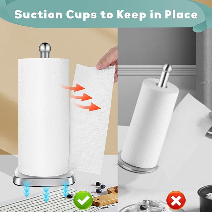 DAWNER SecureGrip Stainless Steel Paper Towel Holder Countertop, Paper Towel Stand, Dual-Weighted Suction Base for Kitchen & Bathroom‌
